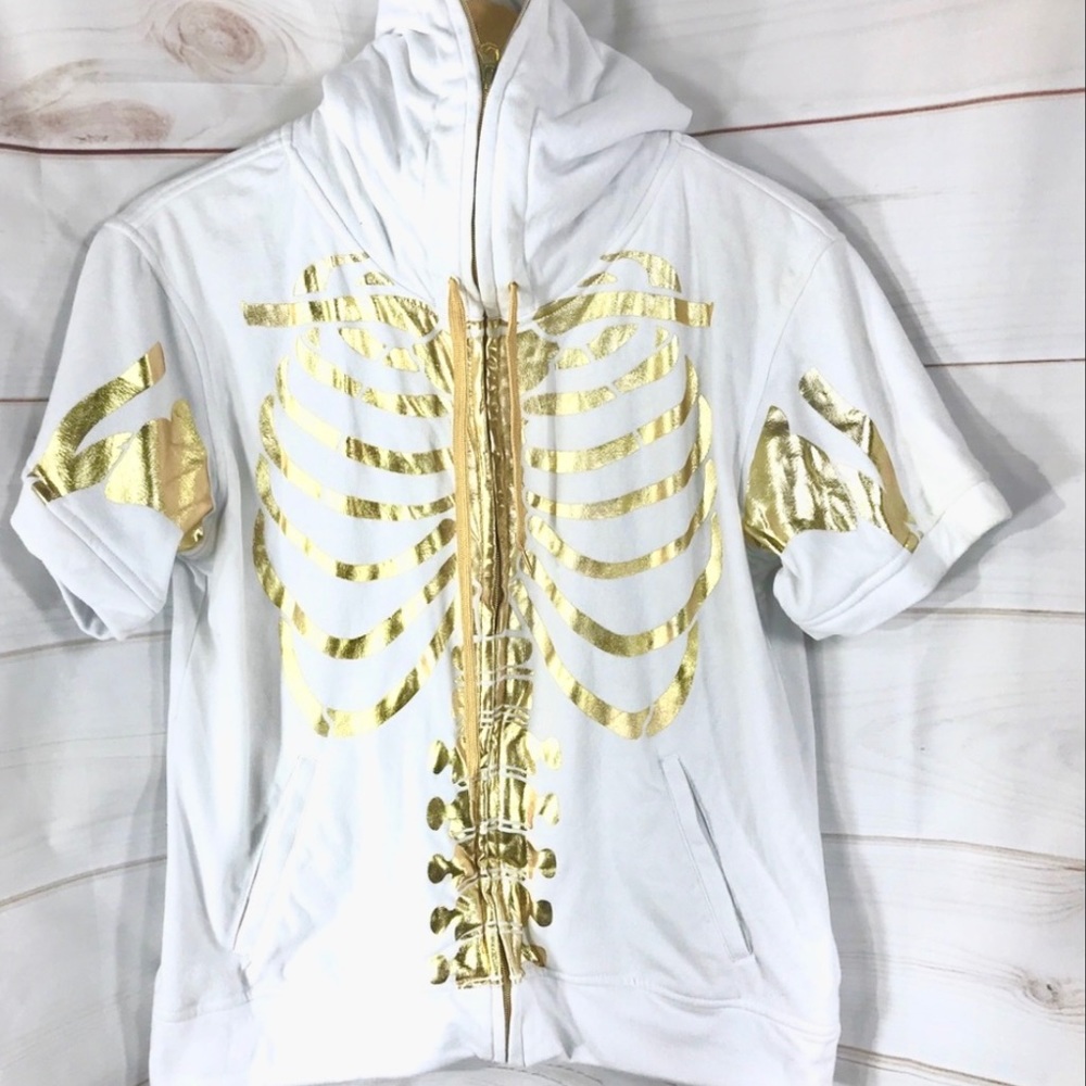 RAW BLUE LADY Hoodie Womens 3X Skeleton Rib Cage Short Sleeve Hood Gold Foil Top